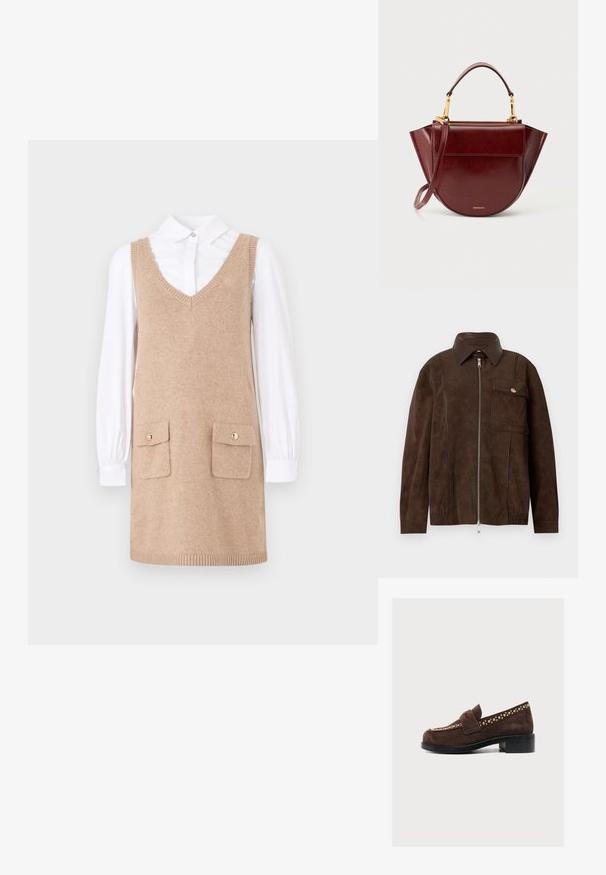 Chaqueta de ante marrón oscuro con cremallera frontal, cuello ancho, dobladillo elástico y gran bolsillo con solapa y botón en el lado derecho del pecho.; Vestido de punto beige con escote en V, que presenta dos bolsillos frontales con botones dorados, superpuesto a una camisa blanca de manga larga.; Mocasín de ante marrón con tacón bajo de bloque, tachuelas metálicas doradas a lo largo del borde superior y costura estilo mocasín sobre un fondo claro liso.; Bolso de mano de cuero rojo oscuro con forma redondeada, asa superior, correa de hombro desmontable y herrajes en tono dorado sobre fondo blanco.