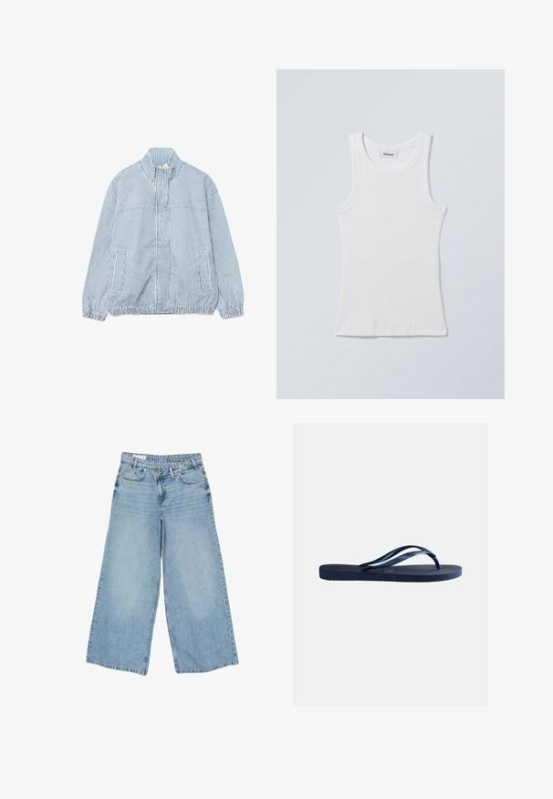 Lichtblauwe en witte verticale gestreepte jas met rits, hoge kraag, elastische manchetten, twee zijzakken en elastische zoom.; Wit katoenen tanktop met een ronde halslijn en brede schouderbanden. Heeft een geribbelde textuur en een rechte zoom. Label zichtbaar aan de halslijn.; Lichtblauwe denim jeans met wijde pijpen, hoge taille, dubbele knoopsluiting, voorzakken en riemlussen.; Navyblauwe rubberen teenslipper met een gestructureerde zool en Y-vormige banden, geïsoleerd op een effen lichtgrijze achtergrond.