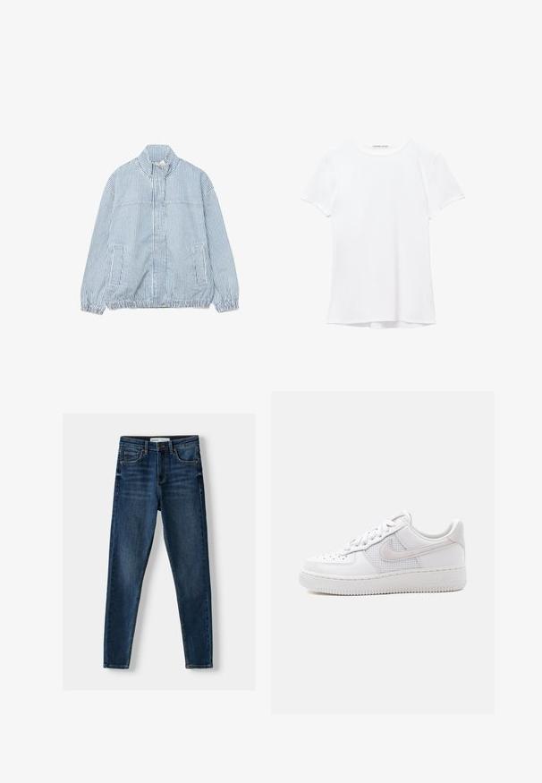 Lyseblå og hvide lodrette stribede lynlåstrøje med høj krave, elastiske manchetter, to sidelommer og elastisk kant.; Hvid kortærmet t-shirt lavet af glat stof, med rund halsudskæring og diskrete syninger ved kanten.; Mørkeblå denim skinny jeans med et klassisk femlomme-design, forstærket syning og knaplukning. Glat tekstur, ingen mønstre.; Hvid Nike Air Force 1 sneaker med lavt snit, hvide snørebånd, perforeringer på tåboksen og netpanel bag Nike swoosh-logoet.
