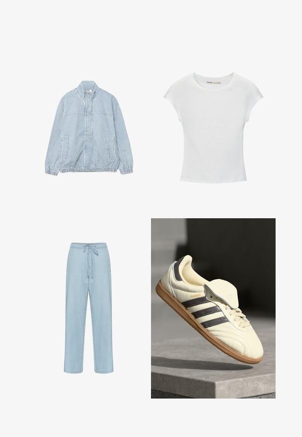 Lyseblå og hvide lodrette stribede lynlåstrøje med høj krave, elastiske manchetter, to sidelommer og elastisk kant.; Hvid bomuld t-shirt med korte, opsmøgede ærmer, rund halsudskæring og lige kant. Glat tekstur uden synlige mønstre eller detaljer.; Lyseblå denimbukser med snøre i taljen, lige ben-design og minimale syninger. Stoffet ser blødt og glat ud.; Cremefarvede lædersneakers med tre mørke striber, en brun gummisål og en afrundet tå. Har en foldbar tunge mærket "SAMBA."