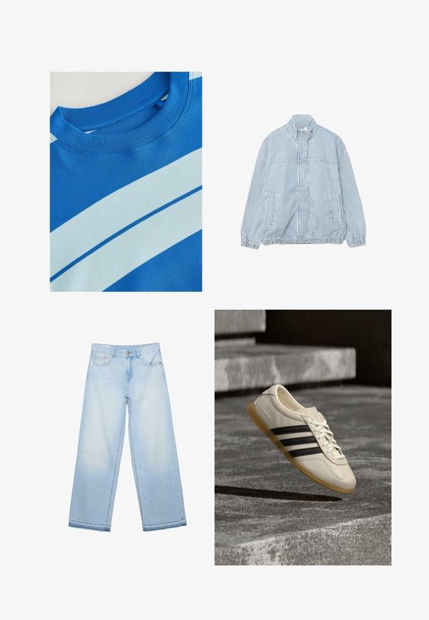 Svetlomodrá a bielo pruhovaná bunda na zips so zvislými pásmi, vysokým golierom, elastickými manžetami, dvoma bočnými vreckami a elastickým lemom.; Modrá mikina s rebrovaným okrúhlym výstrihom, zdobená horizontálnymi svetlomodrými pruhmi a hladkým povrchom. Čistý dizajn, jemná látka.; Svetlomodré džínsy s širokými nohavicami, s vysokým pásom, predným gombíkom, zipsom a dizajnom s piatimi vreckami, položené na bielom pozadí.; Biela teniska s čiernymi pruhmi a gumovou podrážkou vznášajúca sa nad betónovým schodiskom v mäkkom dennom svetle.