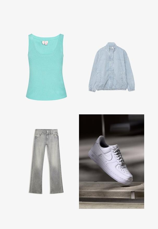 Lyseblå og hvide lodrette stribede lynlåstrøje med høj krave, elastiske manchetter, to sidelommer og elastisk kant.; Lysblå ribbet tanktop med rund halsudskæring og brede skulderstropper. Stoffet ser glat ud med en let stræk. Etiketten er synlig indeni.; Grå denim flared jeans med en afdæmpet finish, der har en knaplukning, fem lommer og syet detaljering langs taljebåndet og kanten.; Hvid Nike Air Force 1 sneaker svævende over en betonoverflade med skygger i et minimalistisk miljø.