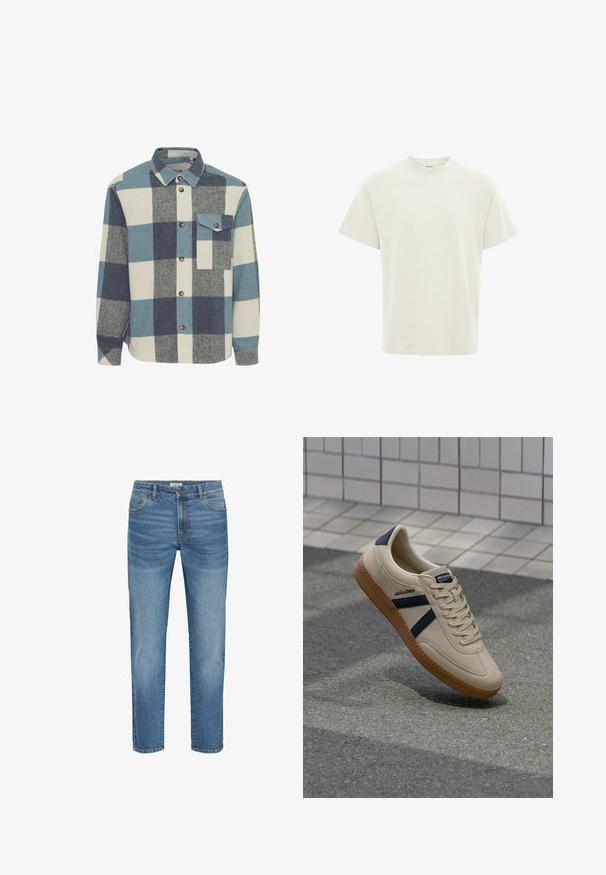 Tjekket flannelskjorte i blå, teal og grå med knaplukning foran, spidse kraver og en enkelt brystlomme. Har brune knapper.; Lys beige T-shirt med korte ærmer lavet af blød bomuld. Har rund halsudskæring og afslappet pasform med et rent, enkelt design.; Lysblå denim jeans med et klassisk lige ben-design, der har fem lommer, metalknaplukning og en let falmning på stoffet.; Beige sneaker med struktureret overflade, marineblå striber og gummisål. Har en polstret tunge og traditionelt snørresystem for en sikker pasform.