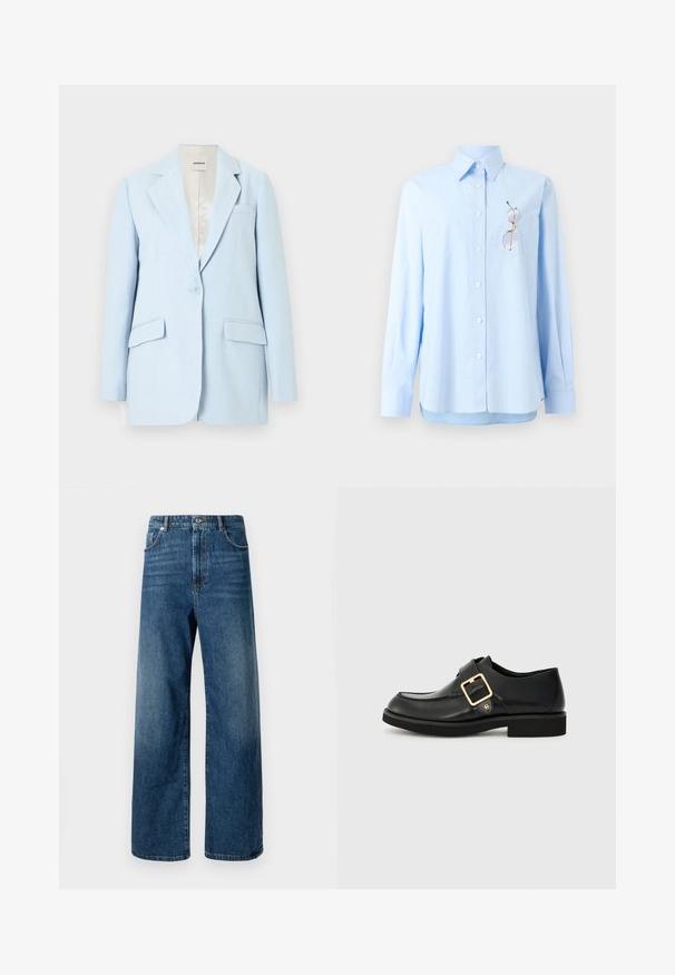 Blazer azul claro de un solo botón con sutiles rayas verticales plateadas, solapa con muesca, bolsillos con solapa y bolsillo en el pecho, etiquetado "Sandro".; Camisa de manga larga de color azul claro con botones, cuello y bolsillo que sostiene un par de gafas con montura dorada, mostrada sobre un fondo blanco.; Jeans de pierna ancha en denim azul medio. De cintura alta con bolsillos frontales y cremallera. Textura suave con un ligero desgastado y detalles de costura.; Zapato de cuero negro con punta redonda, que cuenta con una hebilla dorada y una suela de goma plana. Textura suave con detalles de costura sutil.