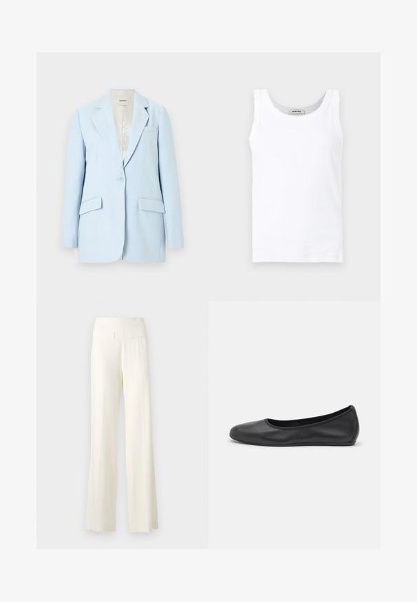 Blazer bleu clair à un seul bouton avec des fines rayures verticales argentées, col cranté, poches à rabat et poche poitrine, étiquette « Sandro ».; Débardeur blanc sans manches en maille côtelée avec encolure ronde et bordure délicate en dentelle le long des bords, présenté sur un fond uni.; Pantalons larges en ivoire avec un tissu texturé, présentant de subtils rayures verticales et deux poches arrière.; Ballerines en cuir noir avec un bout rond, texture lisse, détails de couture minimalistes et design de semelle flexible.