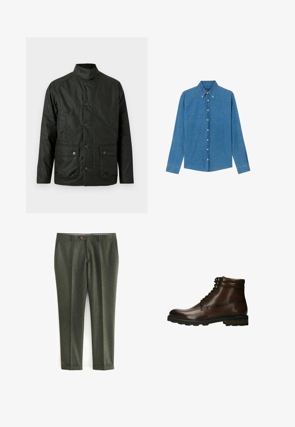 Veste légère vert foncé avec un col montant, des fermetures à pression, deux poches avant et un tissu subtilement texturé. Soulignée par un logo de marque.; Chemise en denim bleu avec un col button-down, des manches longues et des boutons sur le devant. Le tissu présente une finition texturée avec une coupe classique.; Pantalons vert foncé en tissu texturé, dotés de poches latérales, d'une fermeture à bouton sur le devant et de poignets retroussés pour un look soigné.; Botte de cheville en cuir marron avec un bout arrondi, un système de laçage à six œillets et une semelle en caoutchouc texturé avec des rainures pour une adhérence optimale.