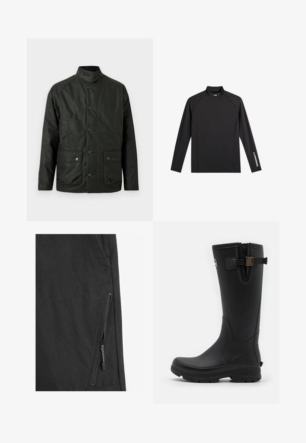 Dunkelgrüne, leichte Jacke mit hohem Kragen, Druckknopfverschluss, zwei Fronttaschen und dezent strukturiertem Stoff. Akzentuiert mit Markenlogo.; Schwarzes Langarm-Sportoberteil mit Stehkragen, schlanker Passform und weißem "J.Lindeberg"-Logo am linken Ärmel und Kragen.; Schwarzer Jackenstoff mit matter Oberfläche, ausgestattet mit einer seitlichen Reißverschlusstasche, feiner Nahtarbeit und einem eleganten modernen Design.; Barbour TEMPEST TALL WELLY - Gummistiefel - black