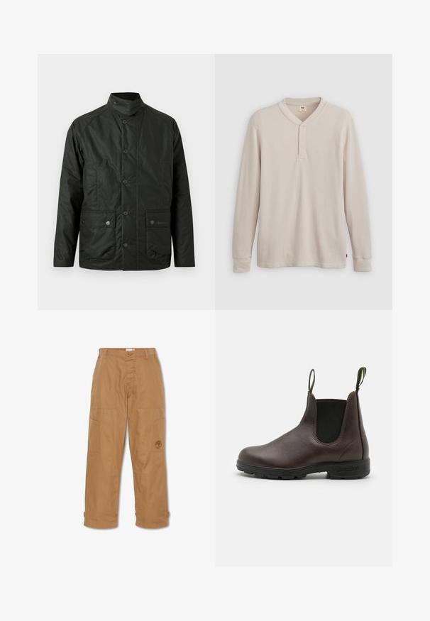 Veste légère vert foncé avec un col montant, des fermetures à pression, deux poches avant et un tissu subtilement texturé. Soulignée par un logo de marque.; T-shirt henley à manches longues en tissu côtelé beige clair, avec un col en V, une patte de boutonnage à trois boutons et des manches à poignets. Étiquette logo rouge à l'ourlet.; Pantalons de travail khaki, fabriqués en tissu durable, dotés de plusieurs poches, d'une fermeture à bouton et d'un logo brodé sur la cuisse.; Bottine Chelsea en cuir marron avec des panneaux élastiques sur les côtés, des anses en haut et une semelle en caoutchouc durable, présentant une finition lisse.