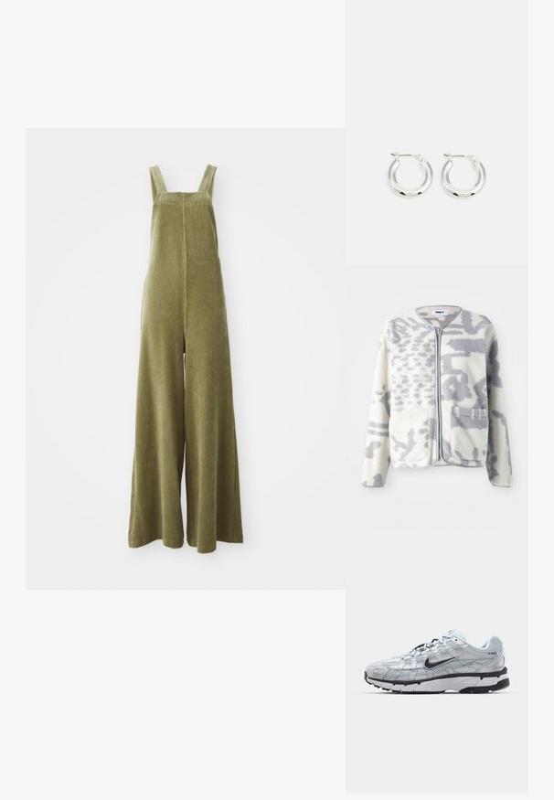 Fleece-takki kerma- ja harmaan sävyssä, vetoketjukiinnityksellä, kahdella etutaskulla ja pehmeällä, teksturoidulla pinnalla, jossa on hillitty abstrakti kuvio.; Oliivivihreät corduroy-haalarit leveillä lahkeilla, säädettävillä olkaimilla ja tekstuuripinnalla. Yksinkertainen muotoilu, ei näkyviä kuvioita tai metalliosia.; Nike P-6000 tennarit, joissa on vaaleanharmaa verkkomateriaali, mustia yksityiskohtia ja kestävä musta kumipohja. Ominaisuuksia ovat monimutkainen muotoilu ja nauhoitusjärjestelmä.; Hopeaparin suorat korvakorut kiiltävällä pinnalla, jotka ovat pyöreän muotoisia ja joissa on saranakiinnitys. Pehmeä pinta ja vähäinen yksityiskohtaisuus.