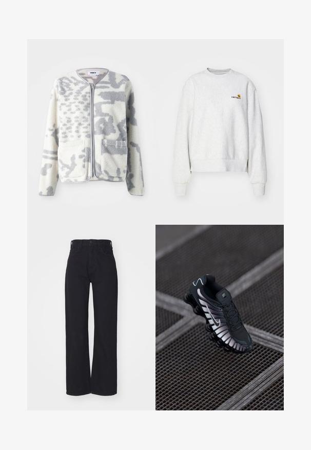 Fleecejakke i crème og grå med lynlås, to forlommer og en blød, struktureret overflade med et subtilt abstrakt mønster.; Grå crew-neck sweatshirt i et blødt stof med ribbede manchetter og kant; har broderet logo på brystet i gul og mørkerød.; Sorte højtaljede bredbenede jeans med frontknap og lynlås, bæltestropper og to forlommer på hvid baggrund.; Sort atletisk sko med tekstureret mesh-overdel, sølv accenter, svangstøtte og polstret sål med en fremtrædende segmenteret design.
