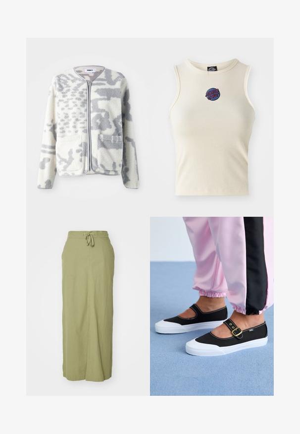 Chaqueta de forro polar en crema y gris con cierre de cremallera, dos bolsillos frontales y una superficie suave y texturizada con un sutil patrón abstracto.; Top de tirantes de canalé color crema con cuello redondo y sin mangas, que presenta un logotipo bordado de "Santa Cruz" en rosa y azul en la parte frontal.; Falda maxi de lino verde oliva con cintura ajustable, silueta recta, bolsillos laterales y una textura suave.; Zapatillas de lona negras con suela blanca, con un diseño recortado y una correa con hebilla dorada. Combinadas con pantalones de chándal rosas.