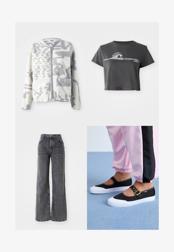 Fleecejakke i crème og grå med lynlås, to forlommer og en blød, struktureret overflade med et subtilt abstrakt mønster.; Mørkegrå cropped T-shirt med hvid stiliseret bølge, palmetræ grafik og "ROXY" tekst på forsiden.; Bredde ben grå denim bukser med høj talje, der har traditionel fem-lomme styling og en subtil falmet finish.; Sorte lærredssko med en hvid sål, der har et udskæringsdesign og et guldspænde. Bæret med lyserøde træningsbukser.