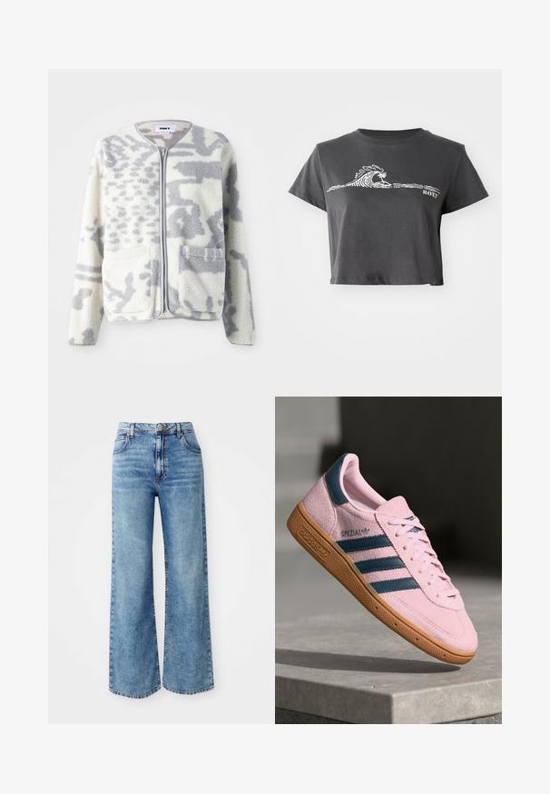Fleecejacke in Creme und Grau mit einem Reißverschluss, zwei Vorderseiten Taschen und einer weichen, strukturierten Oberfläche mit einem dezenten abstrakten Muster.; Dunkelgraues, kurzes T-Shirt mit stilisierter Welle, Palmen-Grafik und dem Text "ROXY" auf der Vorderseite.; Hellblaue Denim-Jeans mit weit geschnittenem Bein und hoher Taille, ausgestattet mit fünf Taschen, einer Knopfverschluss und kontrastierender Naht entlang der Nähte.; Hellrosa Wildleder-Sneaker mit navyblauen drei Streifen, Gummisohle und hellrosa Schnürsenkeln. Mit "SPEZIAL"-Branding an der Seite.