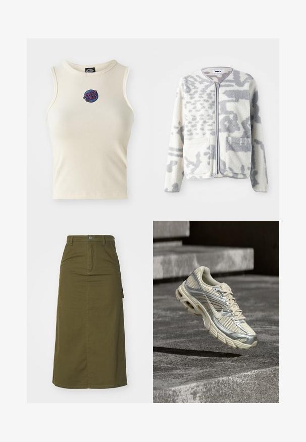 Chaqueta de forro polar en crema y gris con cierre de cremallera, dos bolsillos frontales y una superficie suave y texturizada con un sutil patrón abstracto.; Top de tirantes de canalé color crema con cuello redondo y sin mangas, que presenta un logotipo bordado de "Santa Cruz" en rosa y azul en la parte frontal.; Falda midi de algodón verde oliva con corte recto, cierre de botones, dos bolsillos laterales y una ligera abertura en el dobladillo para facilitar el movimiento.; Zapatilla de correr Nike en beige y plateado con detalles de malla y cordones flotando sobre escalones de cemento.