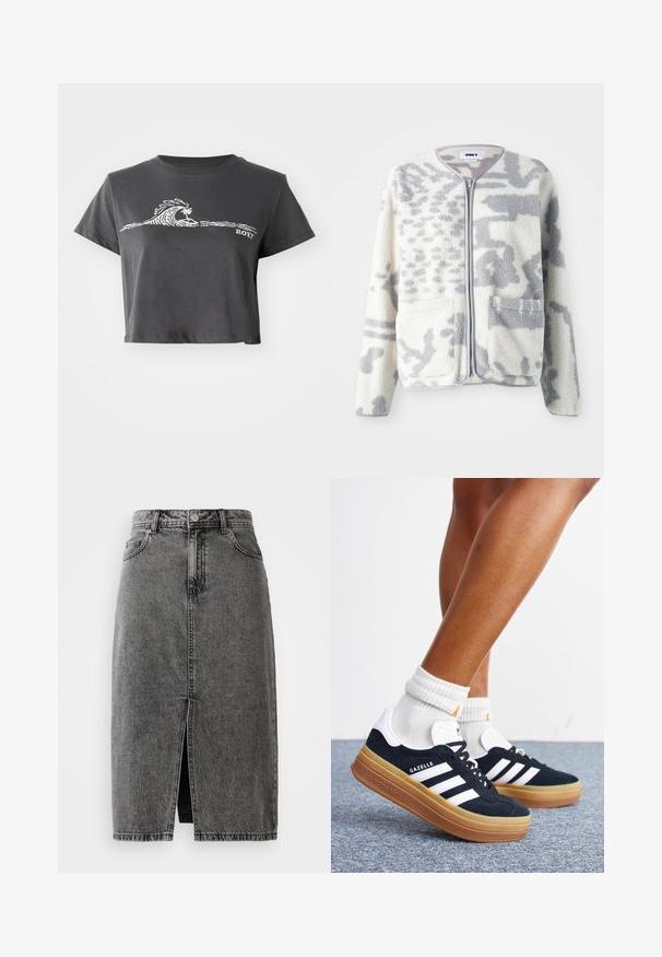 Fleecejakke i crème og grå med lynlås, to forlommer og en blød, struktureret overflade med et subtilt abstrakt mønster.; Mørkegrå cropped T-shirt med hvid stiliseret bølge, palmetræ grafik og "ROXY" tekst på forsiden.; Højtaljet, falmet sort denim midi-nederdel med en frontslids, bæltesløjfer og klassisk fem-lomme design.; Ben iført hvide sokker og sorte Adidas Gazelle sneakers med hvide striber og tykke brune såler på et gråt tæppe.