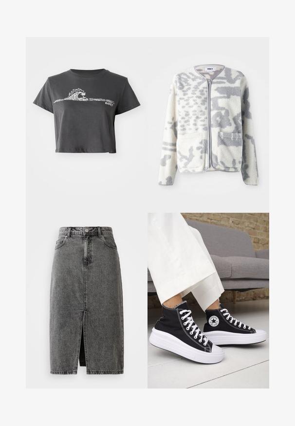 Chaqueta de forro polar en crema y gris con cierre de cremallera, dos bolsillos frontales y una superficie suave y texturizada con un sutil patrón abstracto.; Camiseta corta de color gris oscuro con un gráfico de ola estilizada en blanco, una palmera y el texto "ROXY" en la parte delantera.; Falda midi de mezclilla negra deslavada de talle alto, con abertura frontal, pasadores para cinturón y diseño clásico de cinco bolsillos.; Zapatillas altas negras con suelas de goma blancas y cordones blancos. Presentan un parche redondo con logo y costuras blancas contrastantes. Material de lona.