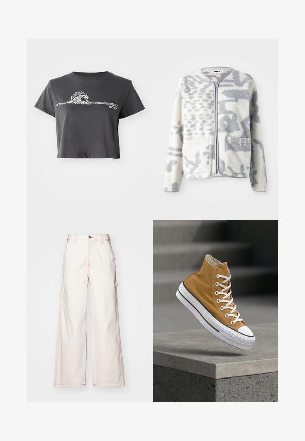 Veste en polaire crème et gris avec fermeture éclair, deux poches avant et une surface douce et texturée arborant un subtil motif abstrait.; T-shirt noir chiné court avec un graphisme de vague stylisée, un palmier et le texte "ROXY" sur le devant.; Pantalons en denim blanc à jambes larges avec des coutures rouges, dotés d'une taille haute, d'une fermeture à bouton à l'avant et de poches latérales. Tissu en coton texturé.; Baskets montantes en toile jaune moutarde avec lacets blancs, bout en caoutchouc et semelle blanche texturée à rayures noires.
