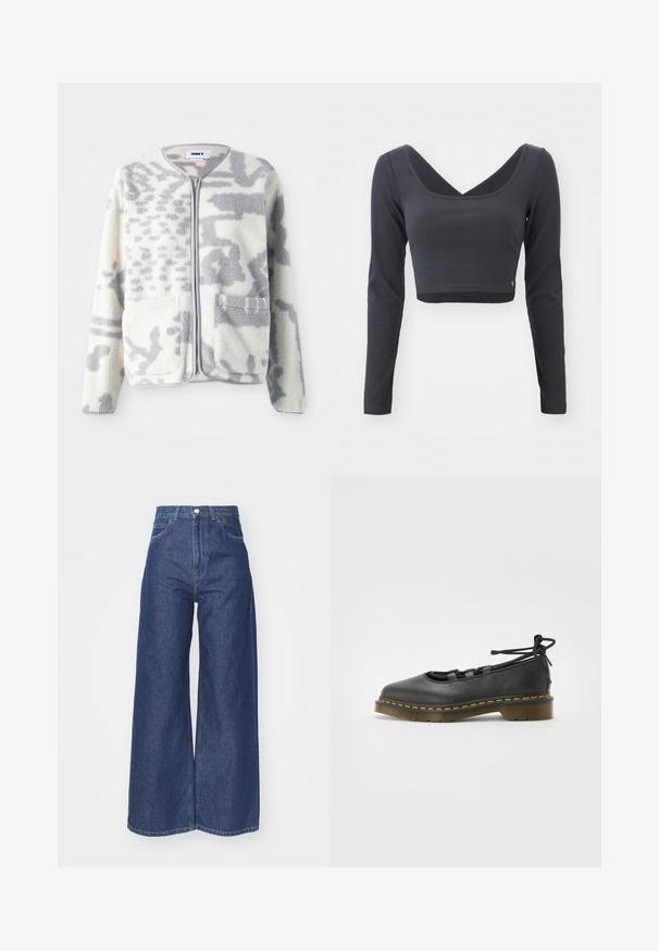 Chaqueta de forro polar en crema y gris con cierre de cremallera, dos bolsillos frontales y una superficie suave y texturizada con un sutil patrón abstracto.; Top corto de manga larga en tejido de canalé gris oscuro. Presenta un escote en V profundo y un color sólido con un pequeño logo en el dobladillo.; Jeans de pierna ancha hechos de denim azul oscuro. Diseño de altura alta con cremallera y cierre de botón. Cuenta con el estilo clásico de cinco bolsillos y bordes rematados.; Zapato de cuero negro con punta redondeada, tacón bajo, detalles de cordones y costuras amarillas a lo largo de la suela. Textura suave con un acabado mate.