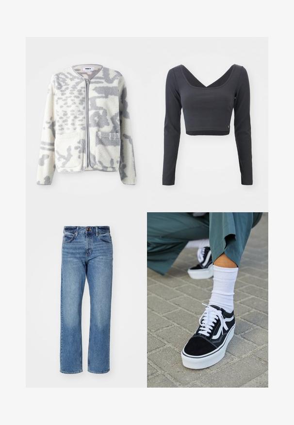 Fleece jacket in crème en grijs met een ritssluiting, twee voorkeurszakken en een zachte, gestructureerde oppervlakte met een subtiel abstract patroon.; Langermige, cropped top van donkergrijze ribstof. Kenmerkt zich door een diepe V-halslijn en een effen kleur met een klein logo aan de zoom.; Lichtblauwe rechte jeans gemaakt van denim. Bevat vijf zakken, een klassieke knoopsluiting en subtiele fading door de stof.; Zwarte suède sneaker met witte accenten en veters, uitgerust met een dikke witte zool en contrasterende stiksels, gecombineerd met een witte sok.