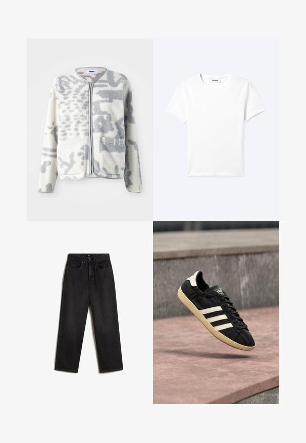 Fleece jacket in crème en grijs met een ritssluiting, twee voorkeurszakken en een zachte, gestructureerde oppervlakte met een subtiel abstract patroon.; Effen wit T-shirt met korte mouwen en ronde hals met een klein "WEEKDAY" label aan de binnenkant van de hals, plat neergelegd op een lichte achtergrond.; Vans SIRELLE 5 POCKET PUDDLE TROUSERS, - Straight leg jeans - black; Zwarte Adidas sneaker met witte strepen en beige zool, vastgelegd in de lucht boven een stenen oppervlak en een stenen muur op de achtergrond.