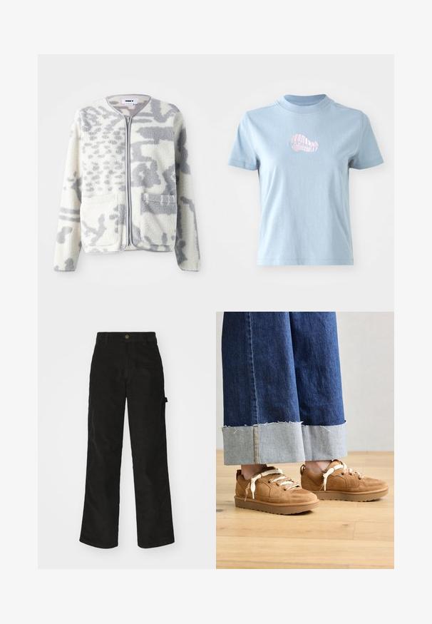 Veste en polaire crème et gris avec fermeture éclair, deux poches avant et une surface douce et texturée arborant un subtil motif abstrait.; T-shirt en coton bleu clair à manches courtes et à col montant, avec un petit motif de coquillage brodé en rose sur le devant.; Pantalon en velours côtelé noir avec une coupe droite, doté d'une fermeture à bouton et de poches latérales. Texture lisse avec de fines rayures verticales.; Pieds portant des baskets en daim beige avec de larges lacets crème, associées à un jean bleu large avec revers, debout sur un sol en bois.