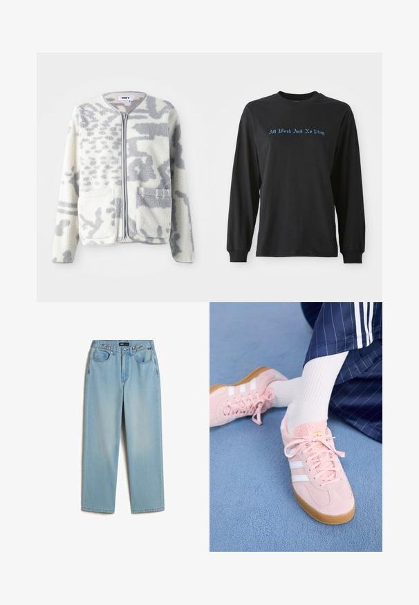Fleecejacke in Creme und Grau mit einem Reißverschluss, zwei Vorderseiten Taschen und einer weichen, strukturierten Oberfläche mit einem dezenten abstrakten Muster.; Schwarzes Langarm-T-Shirt aus Baumwolle mit blauem Text "All Work And No Play" in einer dekorativen Schriftart auf der Brust.; Vans CINCHED CHECK - Baggy Jeans - light stonewash; Hellrosa Wildleder-Sneaker mit weißen Streifen und Schnürsenkeln, ausgestattet mit einer strukturierten Zunge und einer Gummisohle, auf einem blauen Teppich platziert.