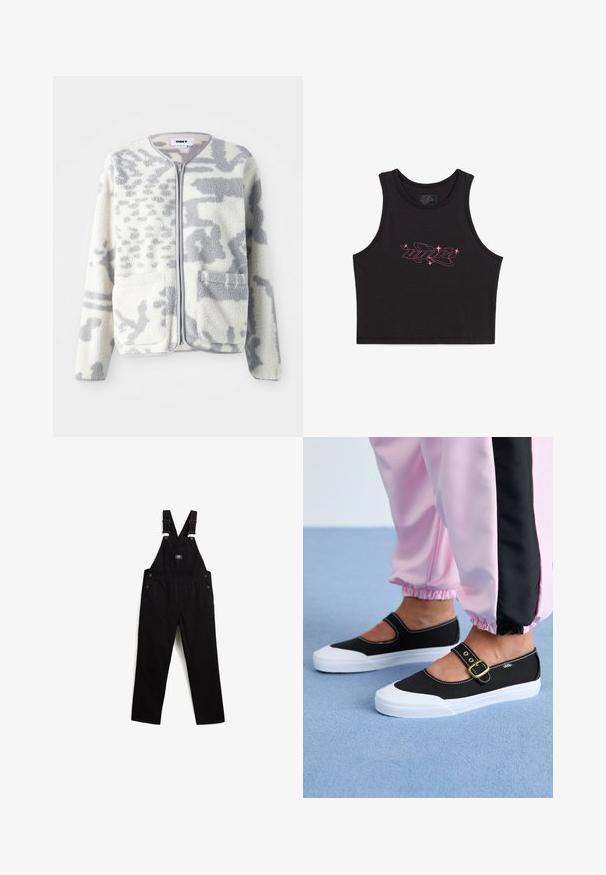 Chaqueta de forro polar en crema y gris con cierre de cremallera, dos bolsillos frontales y una superficie suave y texturizada con un sutil patrón abstracto.; Top corto negro de algodón con un logo gráfico rosa y detalles de estrellas en el frente. Textura suave y diseño sin mangas.; Pantalones de mezclilla negros con tirantes ajustables, herrajes de metal, bolsillo frontal y bolsillos laterales. Textura suave y diseño de pierna recta.; Zapatillas de lona negras con suela blanca, con un diseño recortado y una correa con hebilla dorada. Combinadas con pantalones de chándal rosas.
