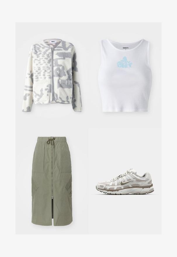 Fleecejakke i crème og grå med lynlås, to forlommer og en blød, struktureret overflade med et subtilt abstrakt mønster.; Hvid ribbet crop top med rund halsudskæring og et lyseblåt "OBEY" logo centreret på brystet. Glat tekstur og tætsiddende design.; Oliven grøn midi-skjørt lavet af letvægtsstof, med en front lynlås, elastisk talje og store sidelommer med vinkelformede klapper.; Hvid atletisk sko med mesh-overdel, lysebrune detaljer og en polstret sål. Har snørrelukning og tekst på siden.