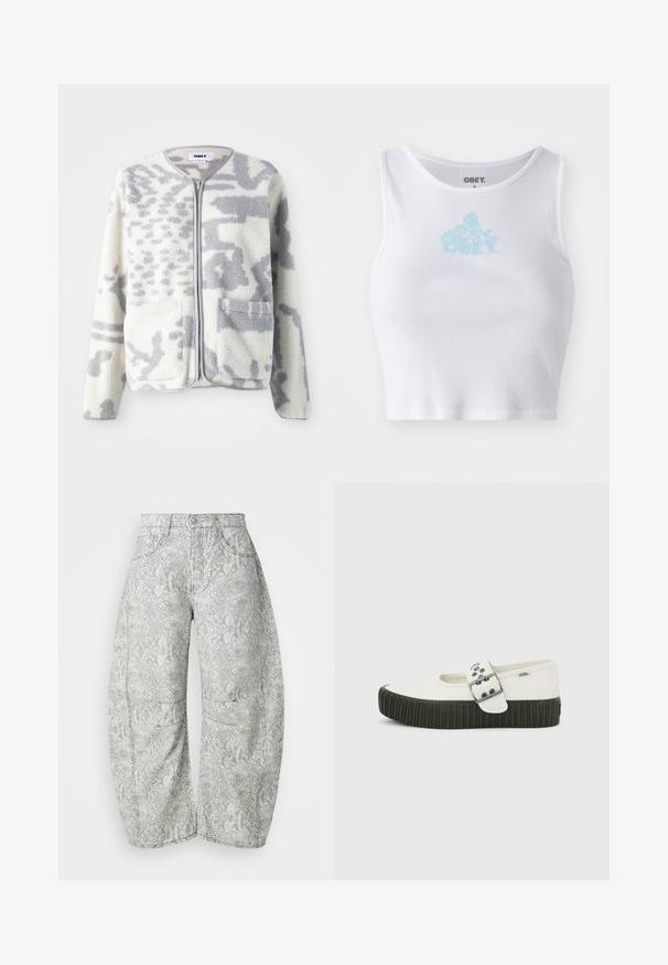 Fleece jacket in crème en grijs met een ritssluiting, twee voorkeurszakken en een zachte, gestructureerde oppervlakte met een subtiel abstract patroon.; Witte geribbelde crop top met een ronde halslijn en een lichtblauwe "OBEY" logo in het midden van de borst. Soepele textuur en aansluitend ontwerp.; Slangenprint wijde jeans in lichtgrijs en roomwit. Denim materiaal, vijf-pocket ontwerp met zichtbare stiksels en een knoopsluiting.; Witte Vans Mary Jane schoen met dikke zwarte geribbelde zool en grote zilveren gesp op effen grijze achtergrond.