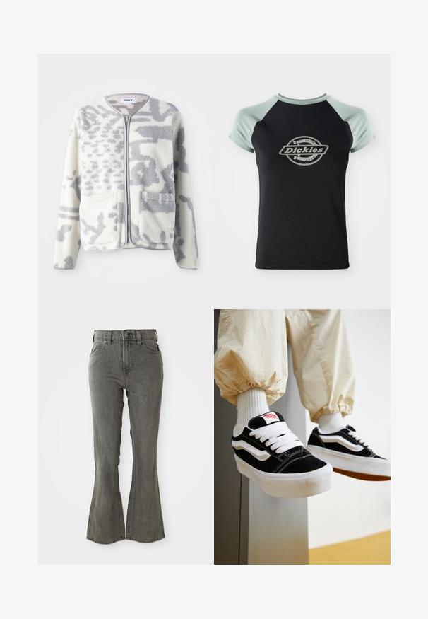 Fleecejacke in Creme und Grau mit einem Reißverschluss, zwei Vorderseiten Taschen und einer weichen, strukturierten Oberfläche mit einem dezenten abstrakten Muster.; Schwarzes T-Shirt mit hellgrünen Raglanärmeln. Mit einem zentralen runden Logo, das den Text "Dickies" im Seil-Design zeigt. Weicher Stoff.; Grau mit Schlag geschnittene Jeans aus Denim mit hoher Taille, Gürtelschlaufen, fünf Taschen und einem weichen, strukturierten Stofffinish.; Person, die schwarz-weiße Vans-Sneaker mit weißen Schnürsenkeln, weißen Socken und beigen Hosen mit elastischen Bündchen trägt.