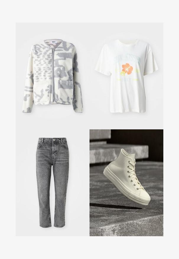 Fleecejakke i crème og grå med lynlås, to forlommer og en blød, struktureret overflade med et subtilt abstrakt mønster.; Hvid bomulds-t-shirt med et grafisk print af tropiske blomster i orange og gule nuancer samt tekst, der læser "SUN KISSED 1990 Roxy."; Grå denim jeans med høj talje, lige ben, der har forlommer og en lille metal knapdetalje ved taljen.; Hvid højtop-sneaker med tekstureret mønster, snøret, svævende over grå betontrapper og kaster en skygge nedenunder.