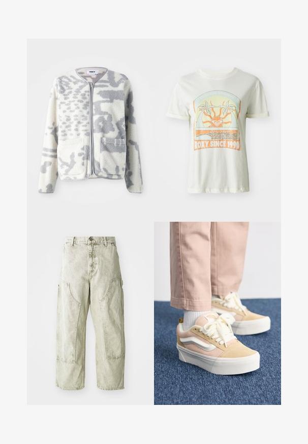 Fleecejakke i crème og grå med lynlås, to forlommer og en blød, struktureret overflade med et subtilt abstrakt mønster.; Cremefarvet bomulds t-shirt med et retro grafisk design med palmer, sol og "ROXY SINCE 1990" i orange og teal accenter. Korte ærmer.; Lys grønne capribukser i cargo-stil lavet af denim, med store sidelommer, knap- og lynlåslukning samt synlige syninger.; Lyserøde og beige ruskinds sneakers med hvide detaljer og flade snørebånd, med en tykk hvid gummisål og synlige syninger.