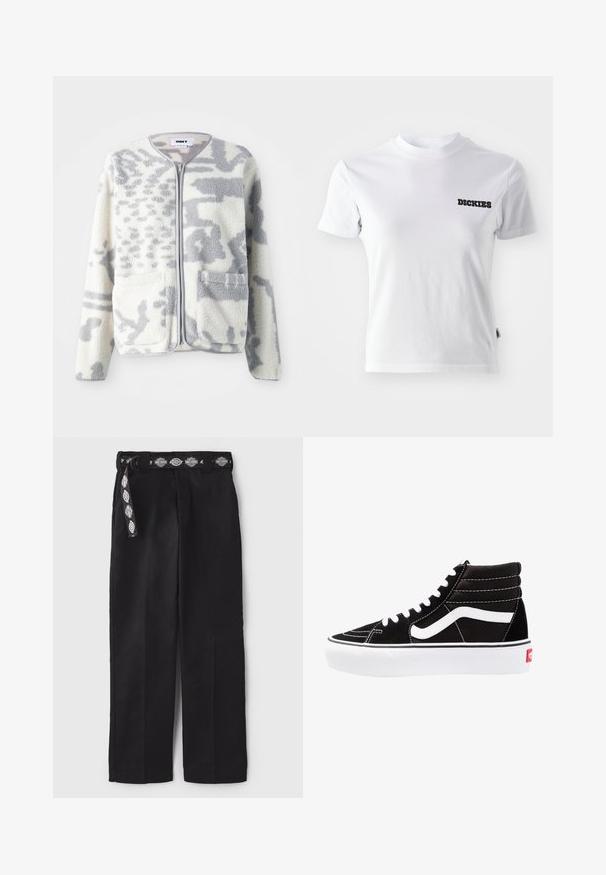Fleecejacke in Creme und Grau mit einem Reißverschluss, zwei Vorderseiten Taschen und einer weichen, strukturierten Oberfläche mit einem dezenten abstrakten Muster.; Weißes kurzärmeliges T-Shirt aus Baumwolle mit Rundhalsausschnitt und schwarzem "DICKIES"-Logo auf der linken Brustseite. Glatte Textur und taillierte Passform.; Schwarze weitgeschnittene Baumwollhosen mit einem gemusterten schwarz-weißen Gürtel. Glatte Textur mit geradem Schnitt und ohne sichtbare Verzierungen.; Schwarze High-Top-Sneaker mit weißen Schnürsenkeln, einem weißen Logo und kontrastierendem weißen Nähten. Verfügt über eine dicke weiße Sohle und ein strukturiertes Wildleder-Obermaterial.