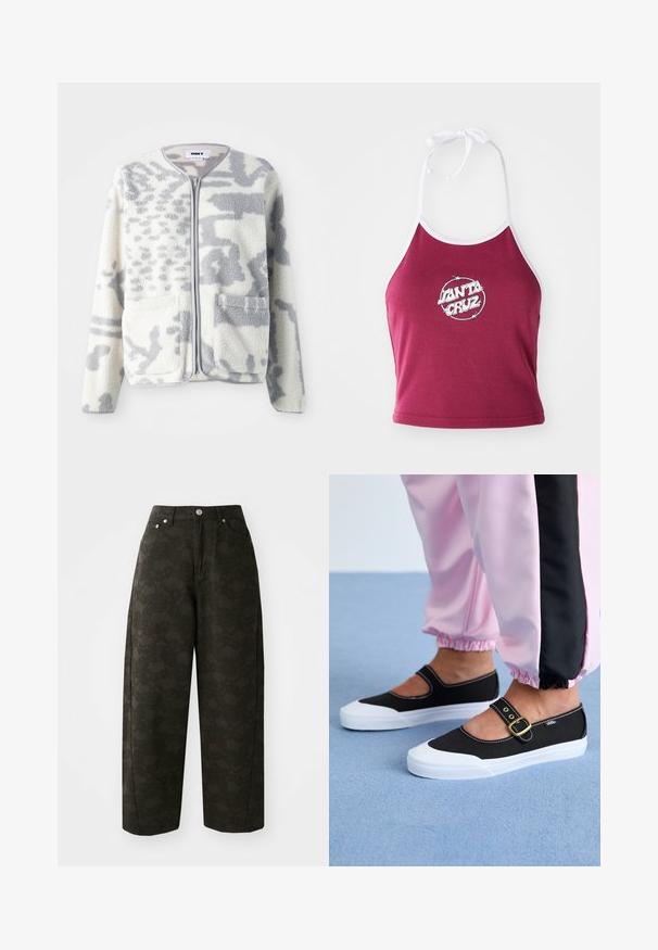 Fleecejakke i crème og grå med lynlås, to forlommer og en blød, struktureret overflade med et subtilt abstrakt mønster.; Mørkerød halterneck crop top med hvidt trim, prydet med et cirkulært logo med "Santa Cruz" i hvidt, lavet af ribbet bomuldsmateriale.; Mørkegrønne vide bukser har et tekstureret blomsterdesign, fem lommer og metalknaplukninger i taljen.; Sorte lærredssko med en hvid sål, der har et udskæringsdesign og et guldspænde. Bæret med lyserøde træningsbukser.
