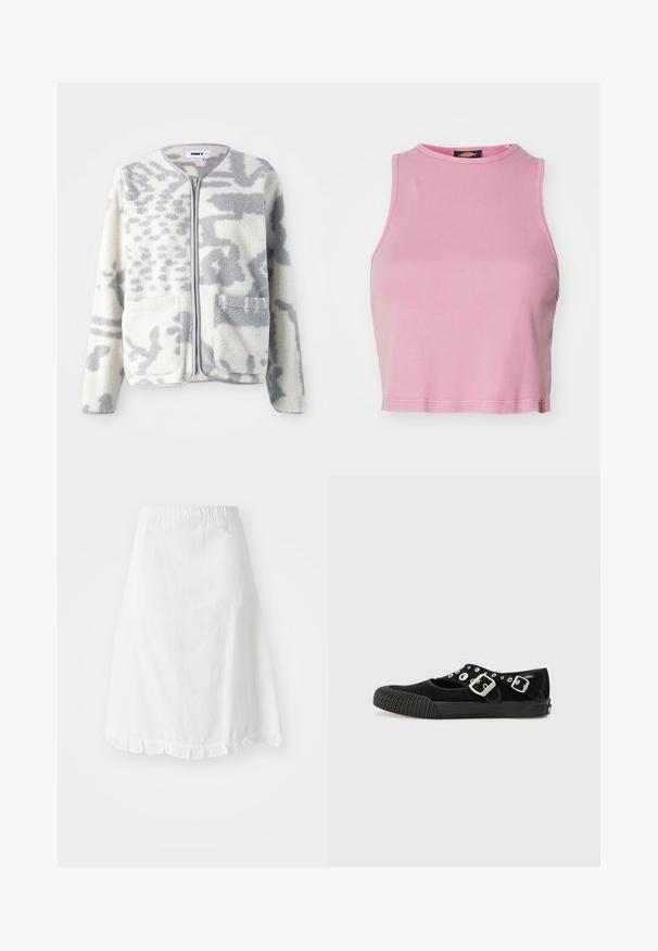 Fleecejacke in Creme und Grau mit einem Reißverschluss, zwei Vorderseiten Taschen und einer weichen, strukturierten Oberfläche mit einem dezenten abstrakten Muster.; Rosa gerippter Cropped-Top mit rundem Halsausschnitt und ärmellosem Design. Besitzt einen Saum, der knapp über der Taille endet.; Weißer Rock mit elastischem Bund, der ein strukturiertes Muster und einen gerafften Saum am unteren Ende aufweist. Einfaches A-Linien-Design.; Vans MARY JANE - Klassischer Ballerina - black