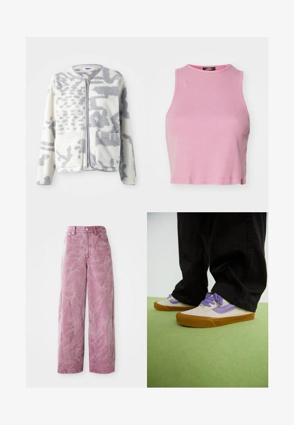 Fleecejakke i crème og grå med lynlås, to forlommer og en blød, struktureret overflade med et subtilt abstrakt mønster.; Rosa ribbet crop top med rund halsudskæring og ærmeløs design. Har en kant, der slutter lige over taljen.; Rosa bredde ben jeans med høj talje, med en falmet, tekstureret finish, knaplukning og sidelommer.; Lyse beige sneakers med lilla accenter, gummisål og flade snørebånd. Båret med sorte bukser, vist på en grøn struktureret overflade.