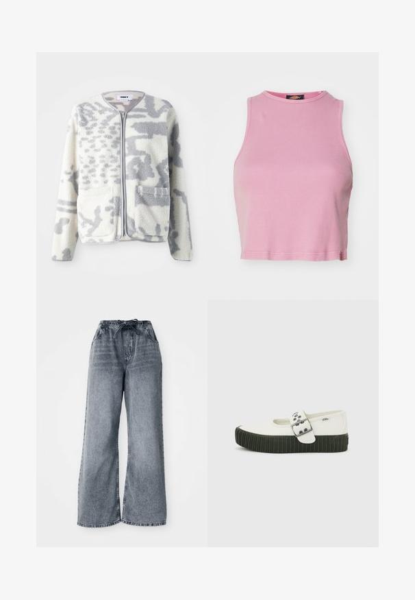 Fleecejacke in Creme und Grau mit einem Reißverschluss, zwei Vorderseiten Taschen und einer weichen, strukturierten Oberfläche mit einem dezenten abstrakten Muster.; Rosa gerippter Cropped-Top mit rundem Halsausschnitt und ärmellosem Design. Besitzt einen Saum, der knapp über der Taille endet.; Graue weit geschnittene Jeanshose aus Denim mit elastischem Bund, Kordelzugverschluss und Seitentaschen. Ausgeblichener Stoff mit durchgehendem Texturmuster.; Weißer Vans Mary Jane Schuh mit dicker schwarzer gerippter Sohle und großem silbernen Schnallenriemen vor einfachem grauem Hintergrund.