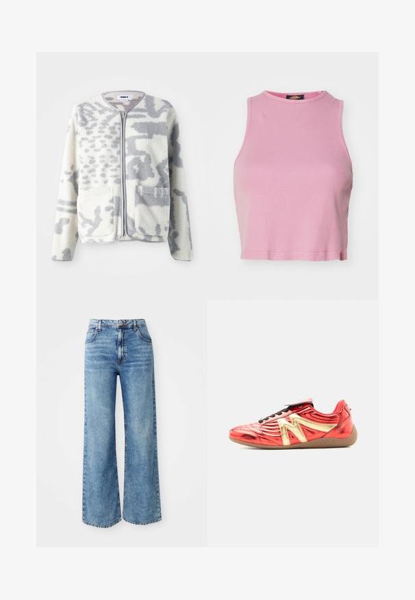 Fleecejacke in Creme und Grau mit einem Reißverschluss, zwei Vorderseiten Taschen und einer weichen, strukturierten Oberfläche mit einem dezenten abstrakten Muster.; Rosa gerippter Cropped-Top mit rundem Halsausschnitt und ärmellosem Design. Besitzt einen Saum, der knapp über der Taille endet.; Hellblaue Denim-Jeans mit weit geschnittenem Bein und hoher Taille, ausgestattet mit fünf Taschen, einer Knopfverschluss und kontrastierender Naht entlang der Nähte.; Roter Sneaker mit niedrigem Schaft und metallisch goldenem "N"-Design, schwarzen Schnürsenkeln und brauner Sohle, von der Seite vor weißem Hintergrund gezeigt.