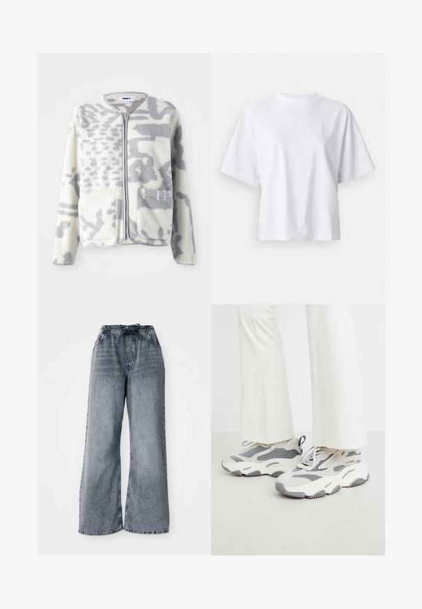 Veste en polaire crème et gris avec fermeture éclair, deux poches avant et une surface douce et texturée arborant un subtil motif abstrait.; T-shirt en coton blanc avec une coupe décontractée, des manches courtes et un col rond côtelé. Présente un branding subtil sur la poitrine.; Pantalons en denim large gris avec une taille élastique, une fermeture à cordon, et des poches latérales. Texture décolorée sur l'ensemble du tissu.; Baskets athlétiques chunky de couleur gris clair, présentant un mélange de matériaux en maille et textile, avec des accents à motifs et une épaisse semelle en caoutchouc.