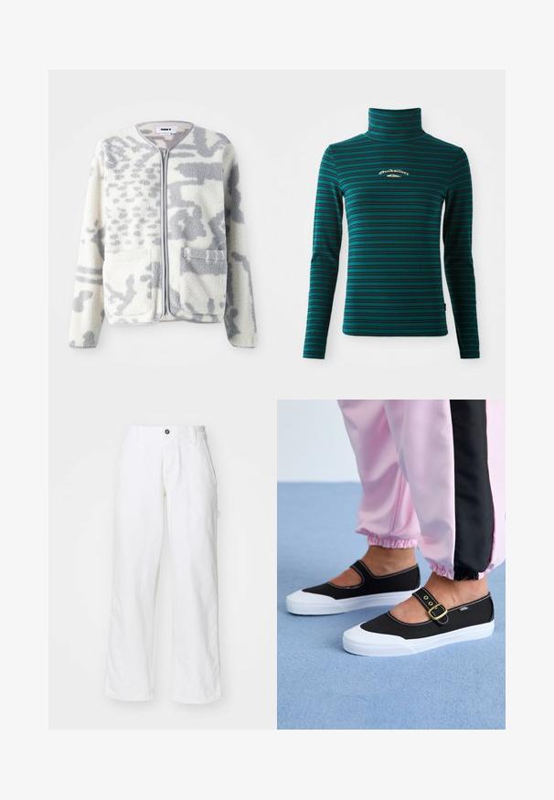 Veste en polaire crème et gris avec fermeture éclair, deux poches avant et une surface douce et texturée arborant un subtil motif abstrait.; Top à manches longues et col roulé en teal avec des rayures horizontales bleu foncé. Présente un petit logo blanc et doré sur la poitrine. Tissu doux et extensible.; Pantalon en coton blanc avec une coupe droite, doté d'une fermeture à bouton, de poches latérales et d'une coupe décontractée. Texture lisse.; Baskets noires en toile avec une semelle blanche, présentant un design découpé et une sangle en boucle dorée. Portées avec un pantalon de survêtement rose.