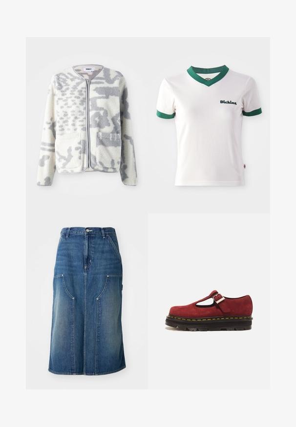 Fleecejakke i crème og grå med lynlås, to forlommer og en blød, struktureret overflade med et subtilt abstrakt mønster.; Hvid kortærmet t-shirt med grøn V-hals og ærmekanter; har "Dickies" logo i mørkegrøn på venstre bryst. Glat bomuldsstruktur.; Blå denimnederdel med lige snit, forlommer og en talje med knaplukning, prydet med en falmet tekstur og sømdetaljer.; Rød ruskind Mary Jane-sko med tyk sort sål, gul syning og sølv spænde på hvid baggrund.