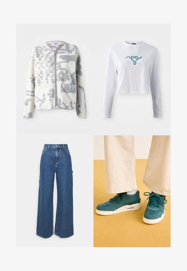 Fleecejakke i crème og grå med lynlås, to forlommer og en blød, struktureret overflade med et subtilt abstrakt mønster.; Hvid langærmet cropped t-shirt i bomuld med et grønt slangemotiv, der er flettet sammen med et nøgledesign på fronten.; Bredde ben blå denimbukser med høj talje, kontrastsyede sømme og sidelommer, med et klassisk fem-lomme design og rå kanter.; Teal sneakers med teksturerede overlays, glatte sider og hvide gummisåler. Parret med cremede brede bukser på en gul overflade.