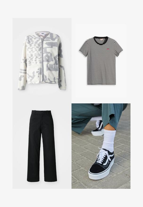 Fleecejakke i crème og grå med lynlås, to forlommer og en blød, struktureret overflade med et subtilt abstrakt mønster.; Sort-hvid stribet T-shirt lavet af bomuld. Har en rund halsudskæring og et lille rødt Levi's-logo på brystet. Korte ærmer.; Sorte vide bukser med flad front, knaplukning og bæltestropper. Fremstillet af holdbart stof med en glat tekstur.; Sorte ruskinds sneakers med hvide accenter og snørebånd, der har en tyk hvid sål og kontrasterende syninger, parret med en hvid sok.
