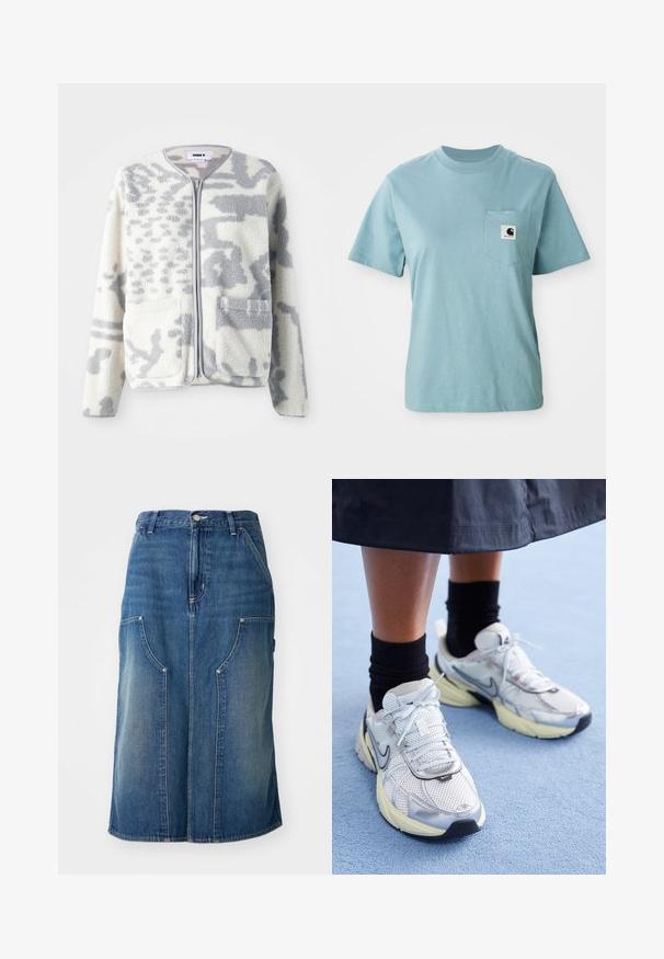 Fleecejakke i crème og grå med lynlås, to forlommer og en blød, struktureret overflade med et subtilt abstrakt mønster.; Lyseblå kortærmet bomulds T-shirt med brystlomme og et lille sort-hvidt Carhartt logo patch.; Blå denimnederdel med lige snit, forlommer og en talje med knaplukning, prydet med en falmet tekstur og sømdetaljer.; Hvide og sølv Nike sneakers med mesh-stof, reflekterende detaljer og en beige sål. Bæres med sorte sokker og står på en blå overflade.