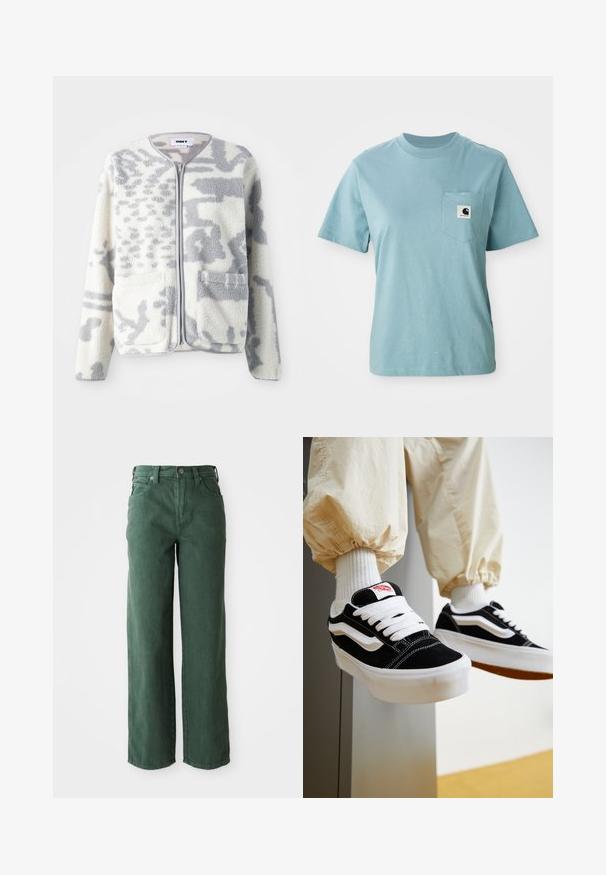Chaqueta de forro polar en crema y gris con cierre de cremallera, dos bolsillos frontales y una superficie suave y texturizada con un sutil patrón abstracto.; Camiseta de algodón de manga corta color azul claro con bolsillo en el pecho que presenta un pequeño parche del logotipo en blanco y negro de Carhartt.; Vaqueros verdes de pierna ancha hechos de denim. Presentan una cintura alta, piernas rectas, bolsillos frontales y cierre de botón metálico.; Persona que lleva zapatillas Vans negras y blancas con cordones blancos, calcetines blancos y pantalones beige con puños elásticos.