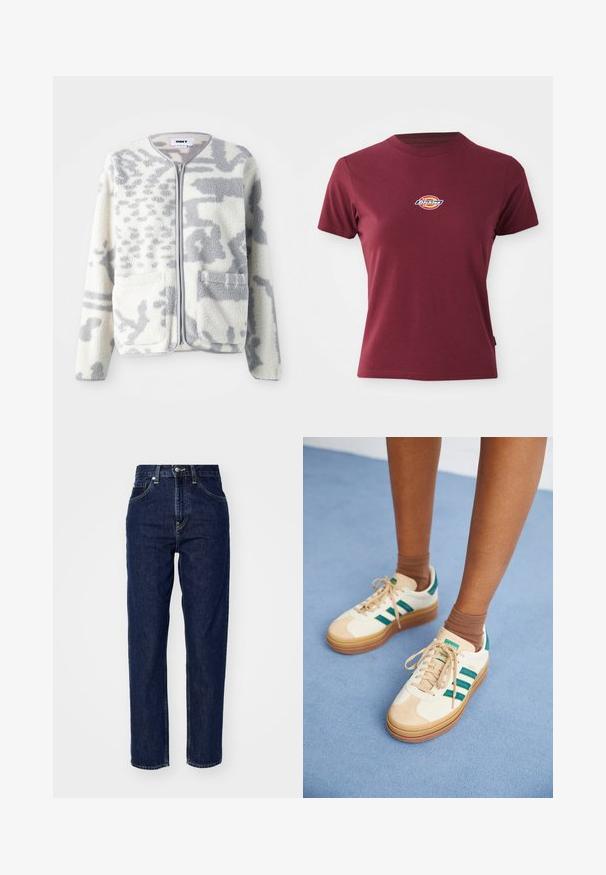 Veste en polaire crème et gris avec fermeture éclair, deux poches avant et une surface douce et texturée arborant un subtil motif abstrait.; T-shirt court à manches courtes de couleur bordeaux en coton, avec un col rond et un petit logo "Dickies" multicolore sur la poitrine.; Jean en denim bleu foncé avec une taille haute, design à jambe droite, poches avant et détails de couture discrets. Style classique et polyvalent.; Baskets beiges avec des rayures vert foncé, semelle en caoutchouc, tige en daim et textile, et accessoires neutres, associées à des chaussettes brunes sur une surface bleu clair.