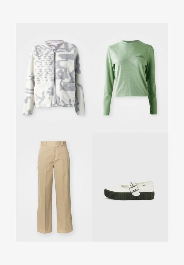 Veste en polaire crème et gris avec fermeture éclair, deux poches avant et une surface douce et texturée arborant un subtil motif abstrait.; T-shirt à manches longues vert clair en coton doux, avec un col rond et un petit logo imprimé sur le côté supérieur gauche.; Pantalons larges beiges en coton, dotés de passants de ceinture, d'une braguette zippée et de surpiqûres contrastées le long des coutures.; Chaussure Mary Jane blanche Vans avec semelle épaisse noire côtelée et large bride à boucle argentée sur fond gris uni.