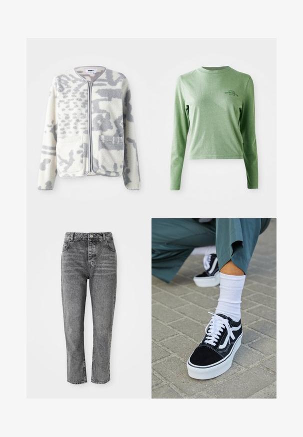 Fleecejacke in Creme und Grau mit einem Reißverschluss, zwei Vorderseiten Taschen und einer weichen, strukturierten Oberfläche mit einem dezenten abstrakten Muster.; Hellgrünes Langarm-T-Shirt aus weicher Baumwolle, mit Rundhalsausschnitt und einem kleinen gedruckten Logo auf der oberen linken Seite.; Graue Jeans aus Denim mit hoher Taille und geradem Bein, ausgestattet mit Fronttaschen und einem kleinen Metallknopfdetail am Bund.; Schwarze Wildledersneaker mit weißen Akzenten und Schnürsenkeln, ausgestattet mit einer dicken weißen Sohle und kontrastierenden Nähten, kombiniert mit einer weißen Socke.