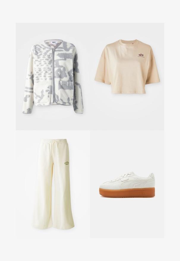 Chaqueta de forro polar en crema y gris con cierre de cremallera, dos bolsillos frontales y una superficie suave y texturizada con un sutil patrón abstracto.; Camiseta recortada de color beige, hecha de algodón, con mangas cortas, un cuello redondo y un gráfico de logo color granate en el lado izquierdo del pecho.; Pantalones de chándal anchos color crema con cintura elástica y cordón ajustable. Texto bordado en verde "Athletic" en la parte frontal. Tejido suave.; Zapatilla blanca de perfil bajo con suela gruesa de goma marrón, detalles laterales cosidos y cierre de cordones con una pequeña pestaña de velcro.