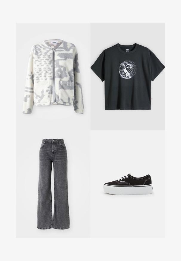 Fleecejakke i crème og grå med lynlås, to forlommer og en blød, struktureret overflade med et subtilt abstrakt mønster.; Sort T-shirt med korte ærmer med et hvidt og gråt discokuglegrafik midt på fronten mod en ensfarvet lys baggrund.; Bredde ben grå denim bukser med høj talje, der har traditionel fem-lomme styling og en subtil falmet finish.; Sort lærred sneakers med en hvid gummi platform sål, der har hvide snørebånd og syninger, ikonisk branding på siden, lav-top design.